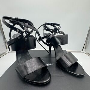 Saint Laurent Paris BL404448 Black Leather Strappy Heels Size 37.5 US 7.5 YSL